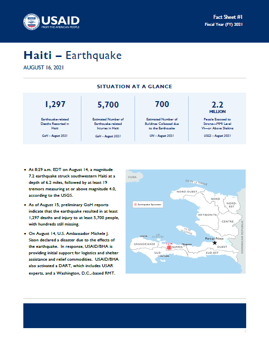 Haiti – Earthquake Fact Sheet #2, FY2021