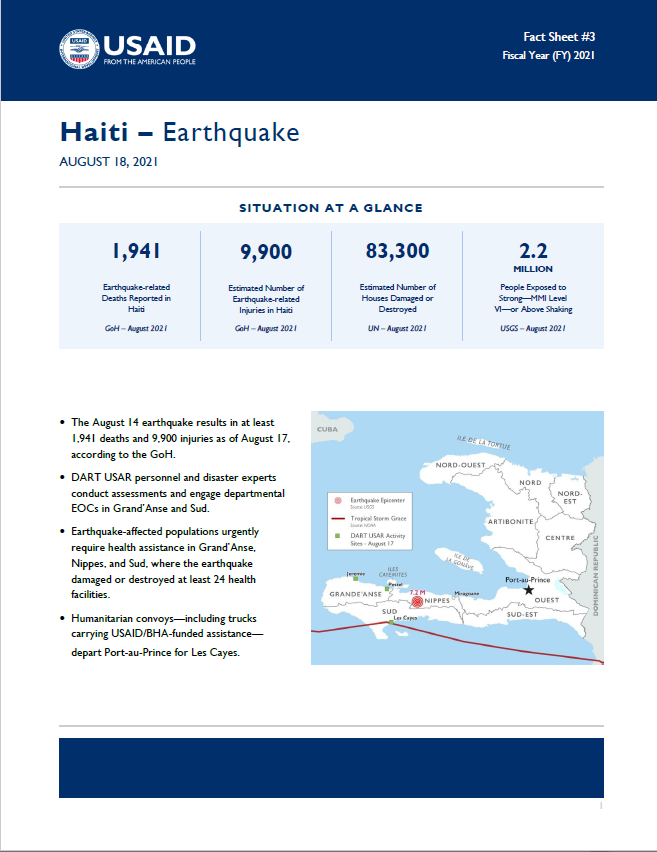 Haiti – Earthquake Fact Sheet #3, August 16, FY2021