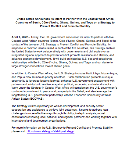 Press Release: United States Announces its Intent to Partner with the Coastal West Africa Countries of Benin, Côte d’Ivoire, Gha