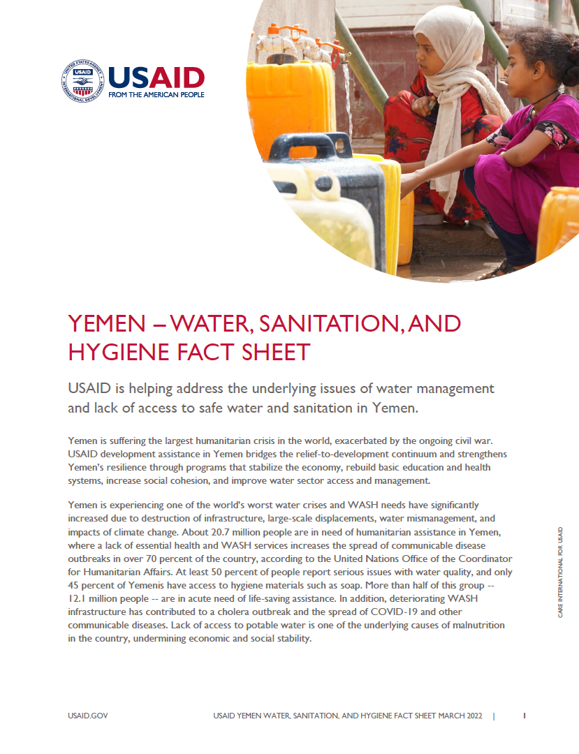 USAID Yemen Water, Sanitation and Hygiene Fact Sheet March 2022