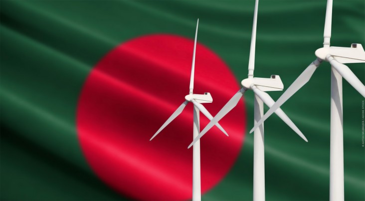 Photomontage of wind turbines in front of the flag of Bangladesh 