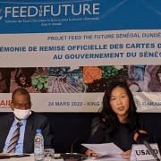 Prof Moussa Balde, minister of Agriculture and Rural Equipment and Ms Ying Hsu, acting USAID Mission Director at the soil fertility maps' presentation