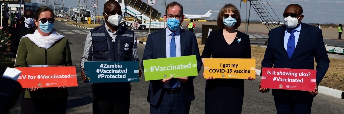 On hand for the arrival of the second tranche of COVAX J&J vaccines are: UNICEF Country Rep Noala Skinner, WHO Representative & UN Resident Coordinator a.i. Dr. Nathan Bakyaita, U.S. Chargé d'Affaires David Young, USAID/Zambia Mission Director Sheryl Stumbras, and Zambia Ministry of Health Permanent Secretary Kennedy Malama.